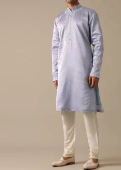 Grey Embroidered Sherwani And Kurta Set In Satin Silk