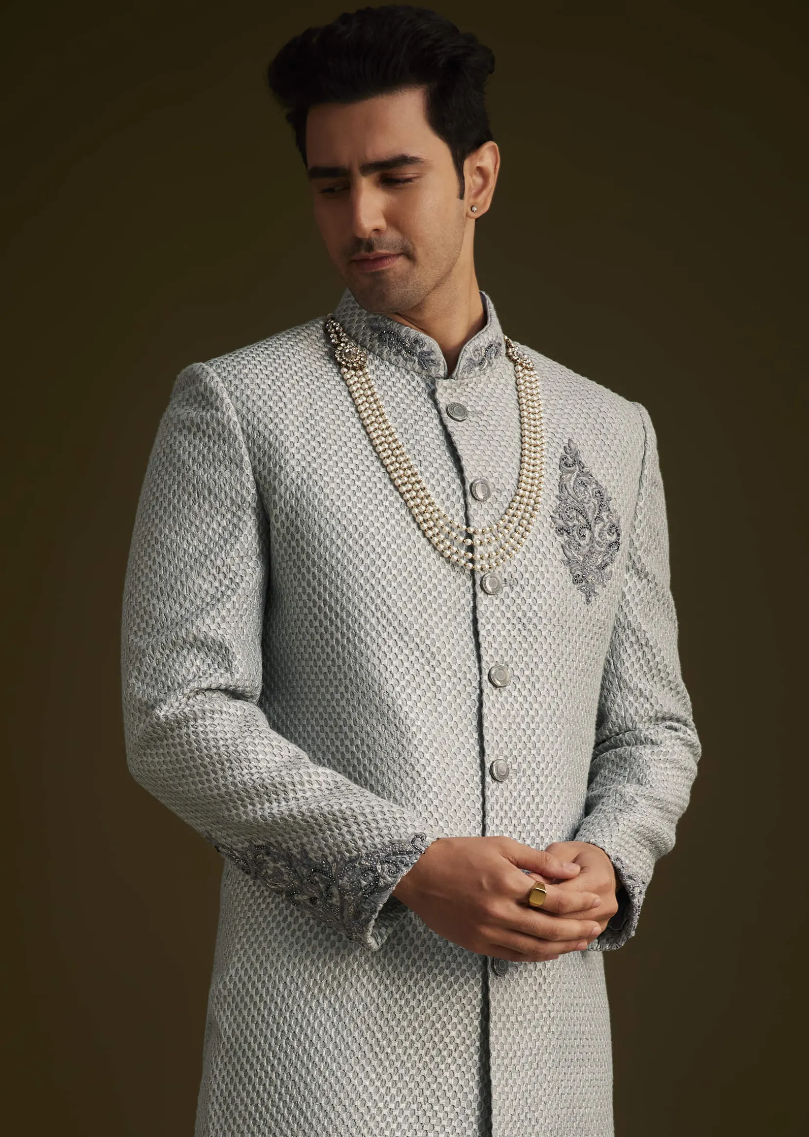 Grey Embroidered Sherwani Set