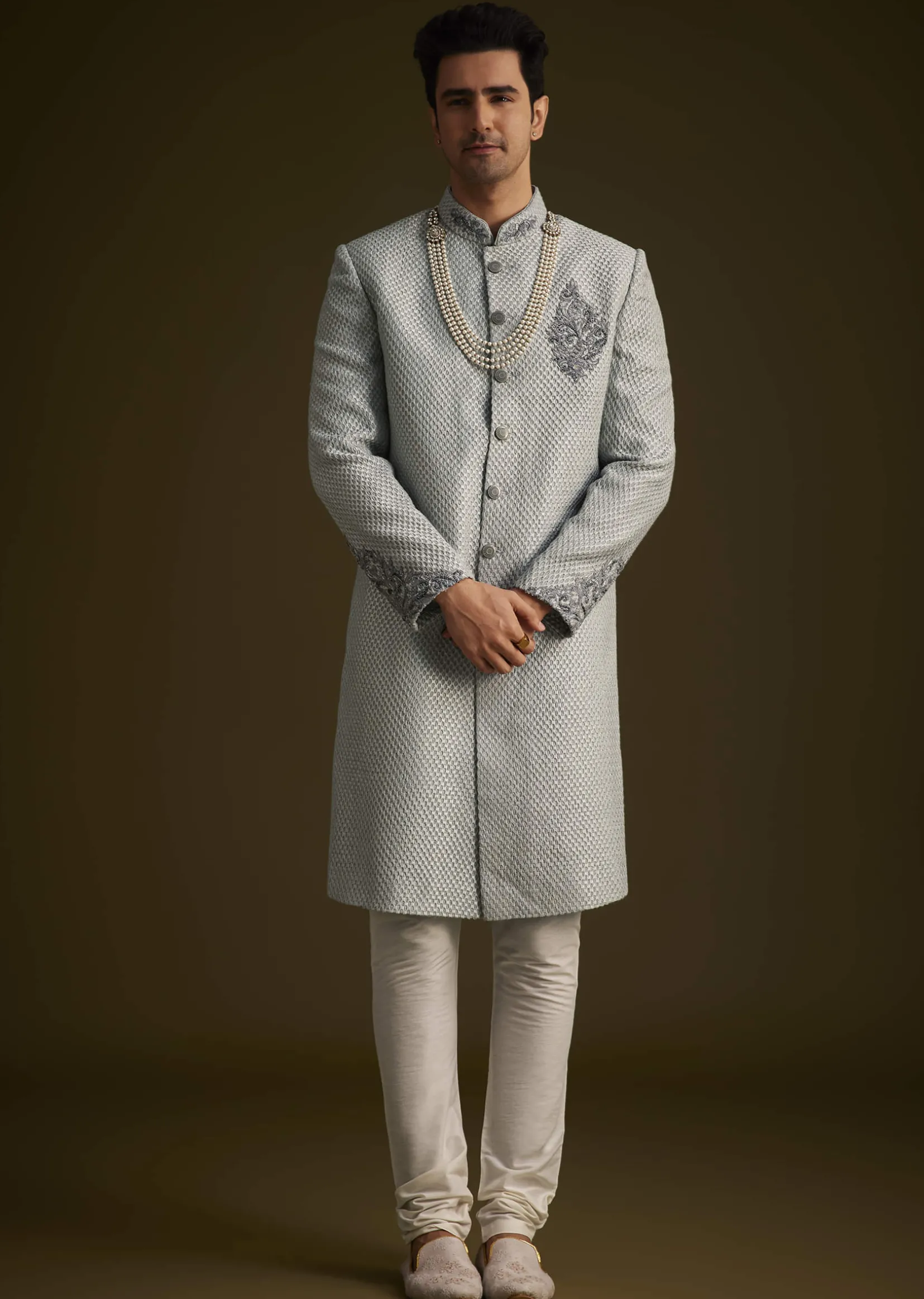 Grey Embroidered Sherwani Set