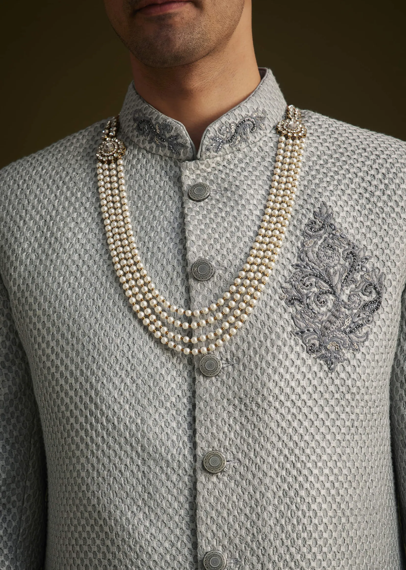 Grey Embroidered Sherwani Set