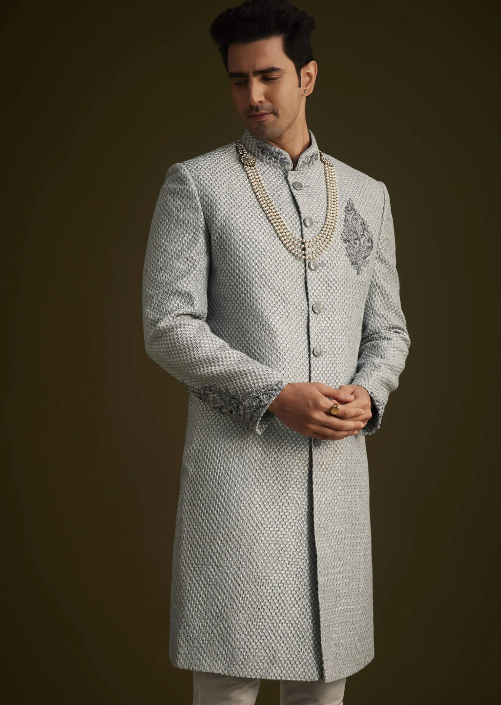 Grey Embroidered Sherwani Set