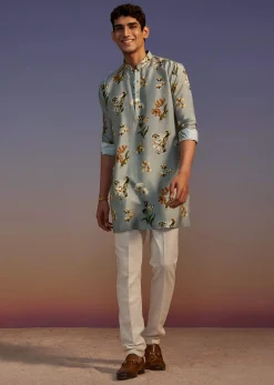 Grey Floral Printed Silk Short Kurta Set For Men