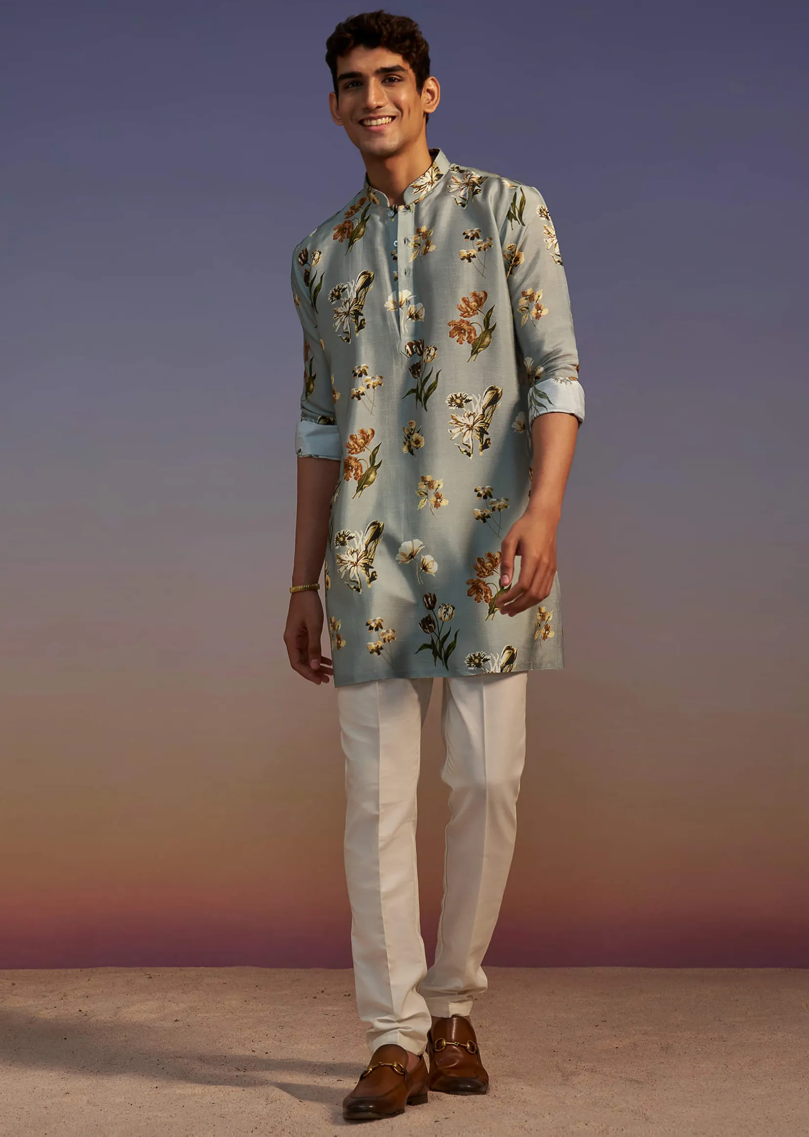 Grey Floral Printed Silk Short Kurta Set For Men