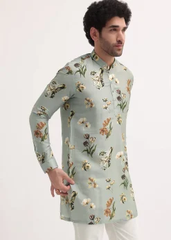 Grey Floral Printed Silk Short Kurta Set For Men