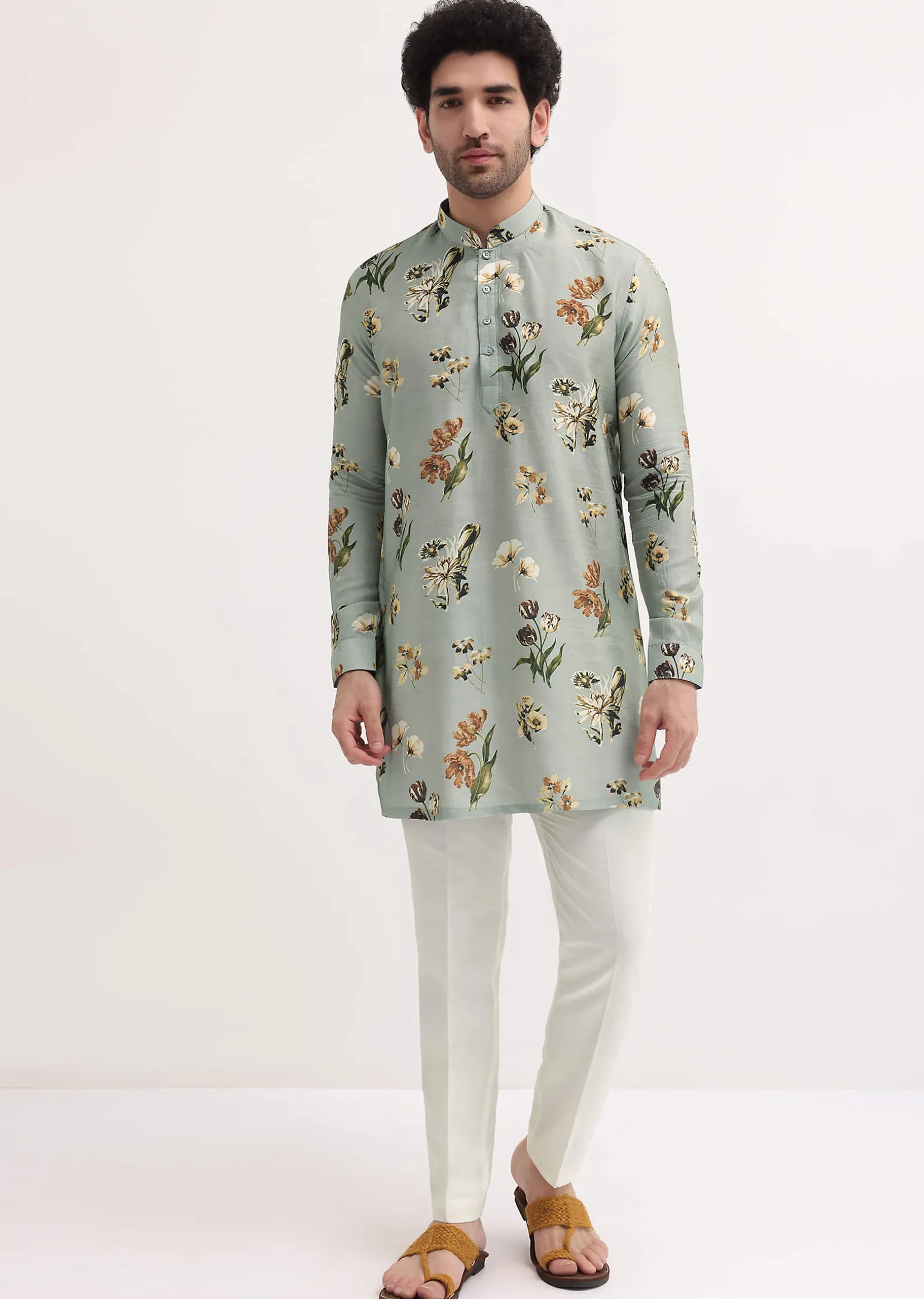 Grey Floral Printed Silk Short Kurta Set For Men