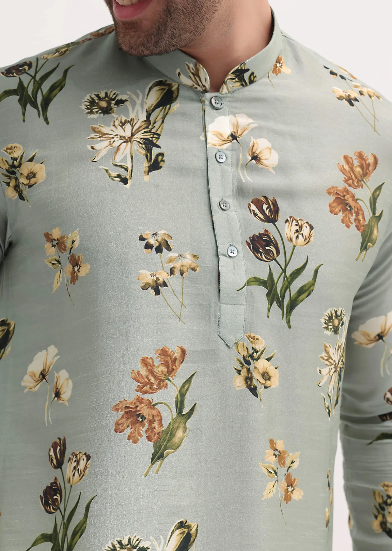 Grey Floral Printed Silk Short Kurta Set For Men