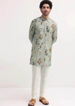 Grey Floral Printed Silk Short Kurta Set For Men