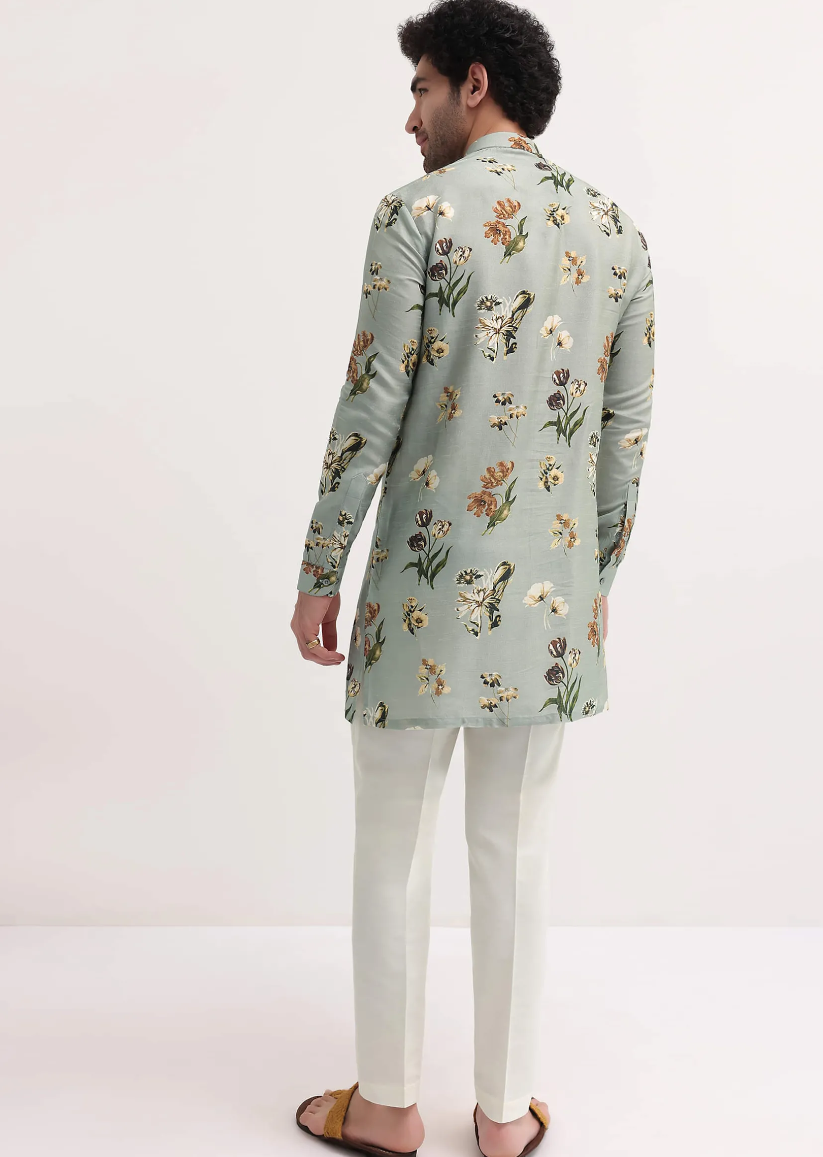 Grey Floral Printed Silk Short Kurta Set For Men