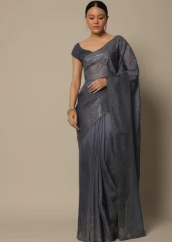 Grey Georgette Saree With Badla Work And Unstitched Blouse Piece