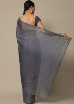 Grey Georgette Saree With Badla Work And Unstitched Blouse Piece