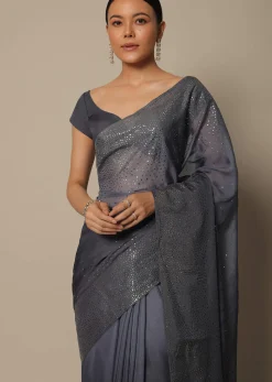 Grey Georgette Saree With Badla Work And Unstitched Blouse Piece