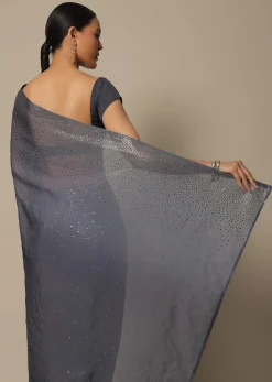 Grey Georgette Saree With Badla Work And Unstitched Blouse Piece