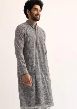 Grey Georgette Sequin Embroidered Kurta Set For Men