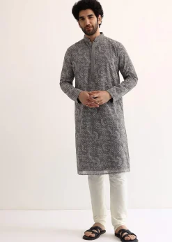 Grey Georgette Sequin Embroidered Kurta Set For Men