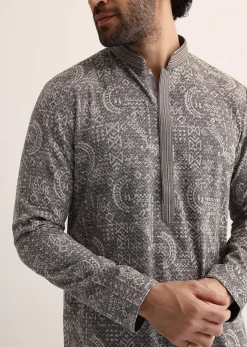 Grey Georgette Sequin Embroidered Kurta Set For Men