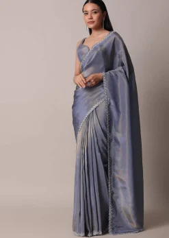 Grey Glass Tissue Saree With Mirror Work Border And Unstitched Blouse Piece