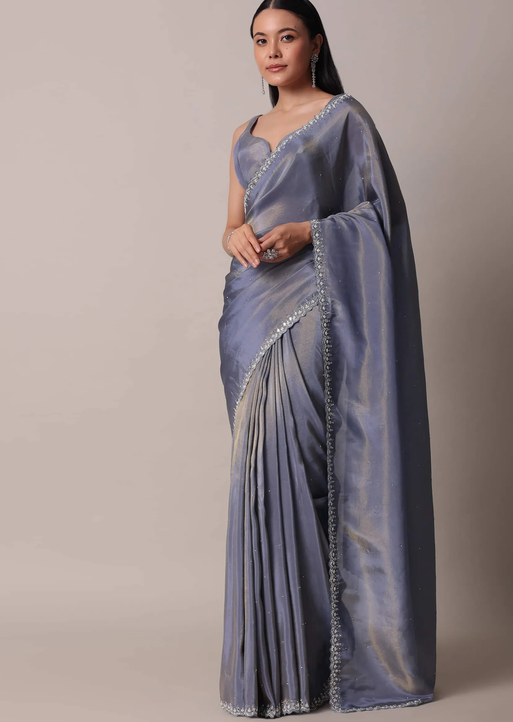 Grey Glass Tissue Saree With Mirror Work Border And Unstitched Blouse Piece