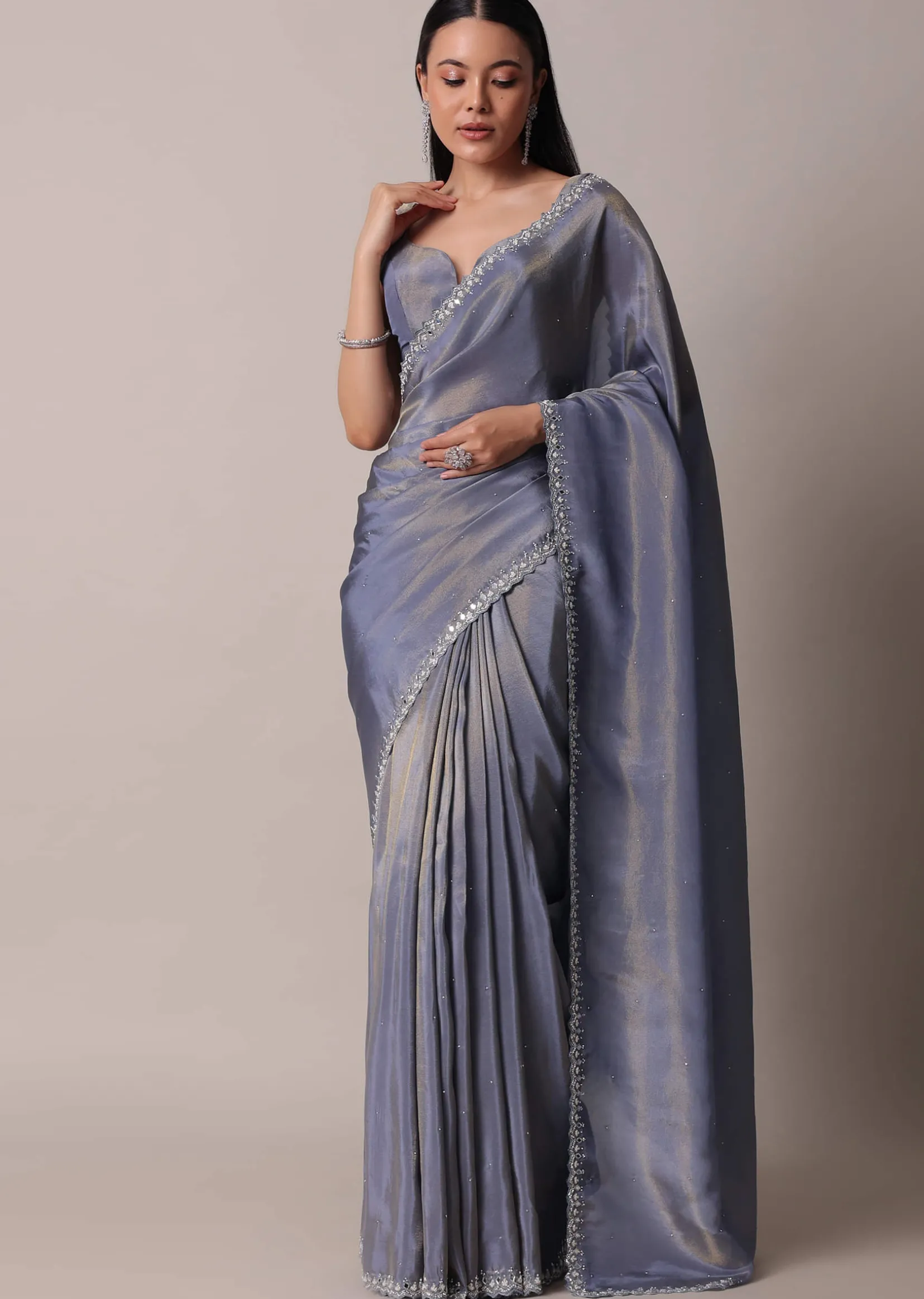 Grey Glass Tissue Saree With Mirror Work Border And Unstitched Blouse Piece
