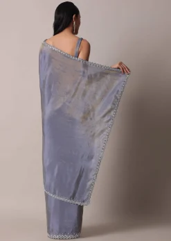 Grey Glass Tissue Saree With Mirror Work Border And Unstitched Blouse Piece