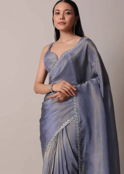 Grey Glass Tissue Saree With Mirror Work Border And Unstitched Blouse Piece