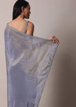 Grey Glass Tissue Saree With Mirror Work Border And Unstitched Blouse Piece