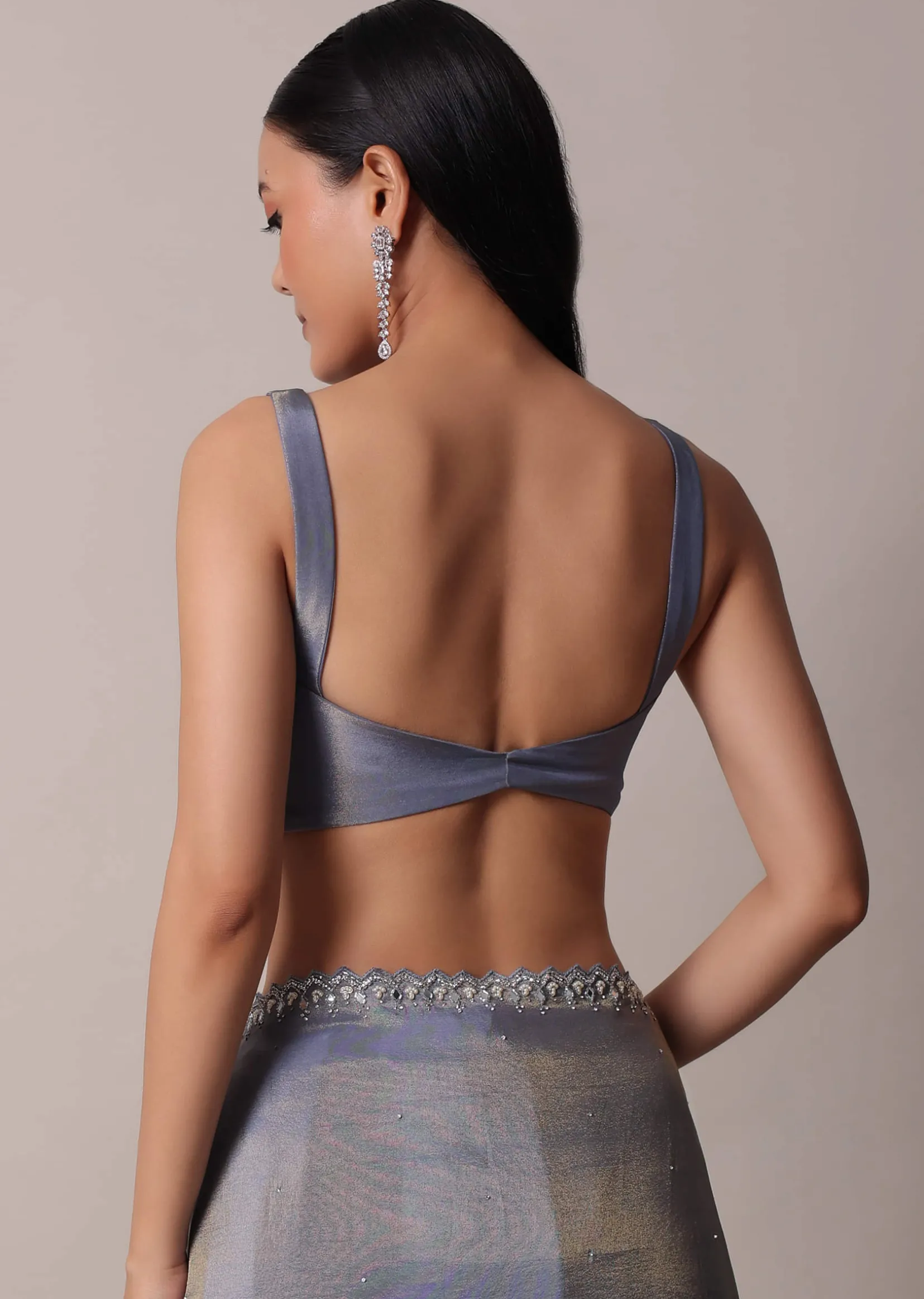 Grey Glass Tissue Saree With Mirror Work Border And Unstitched Blouse Piece