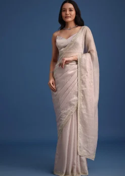 Grey Glass Tissue Silk Cutdana Work Saree With Embellished Scallop Border