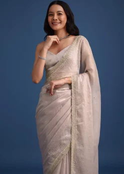 Grey Glass Tissue Silk Cutdana Work Saree With Embellished Scallop Border