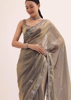 Grey Gold Satin Saree In Sequins With Unstitched Blouse