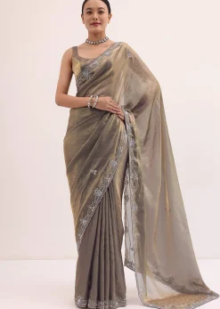 Grey Gold Satin Saree In Sequins With Unstitched Blouse