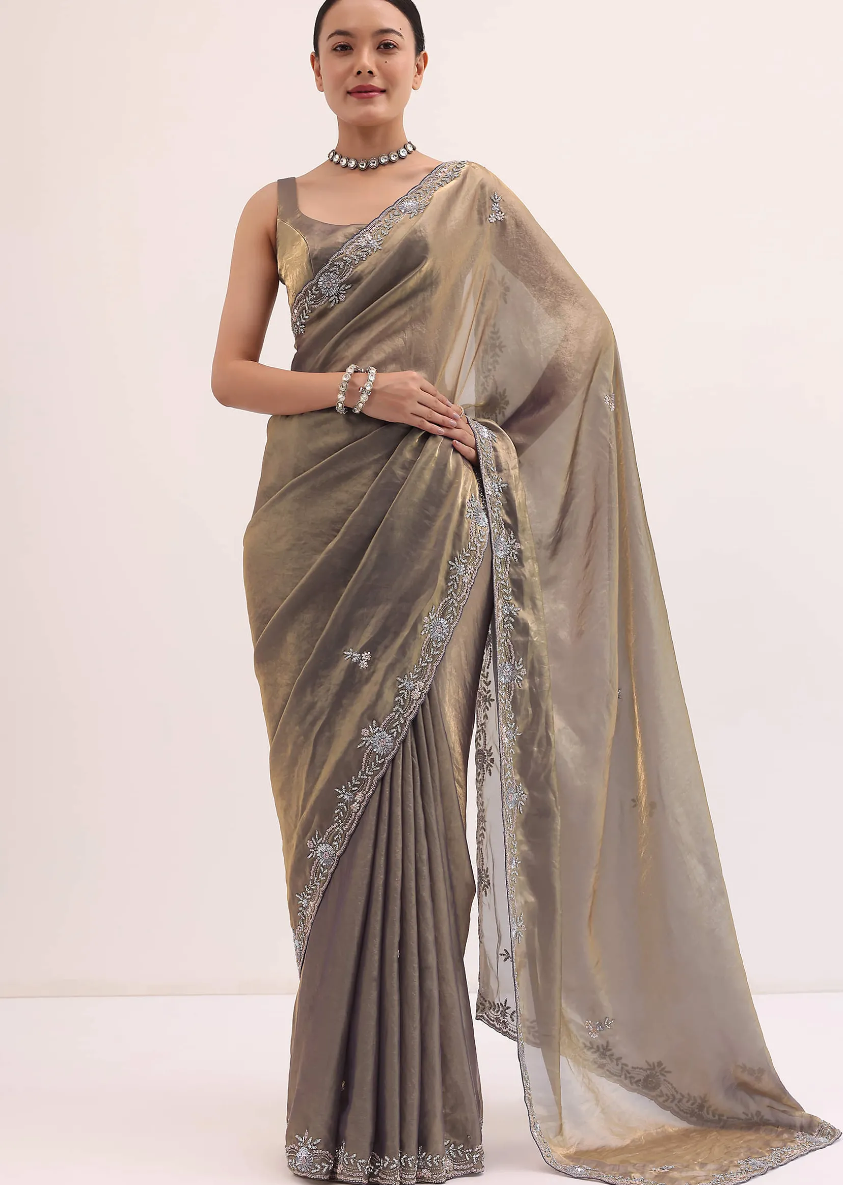 Grey Gold Satin Saree In Sequins With Unstitched Blouse