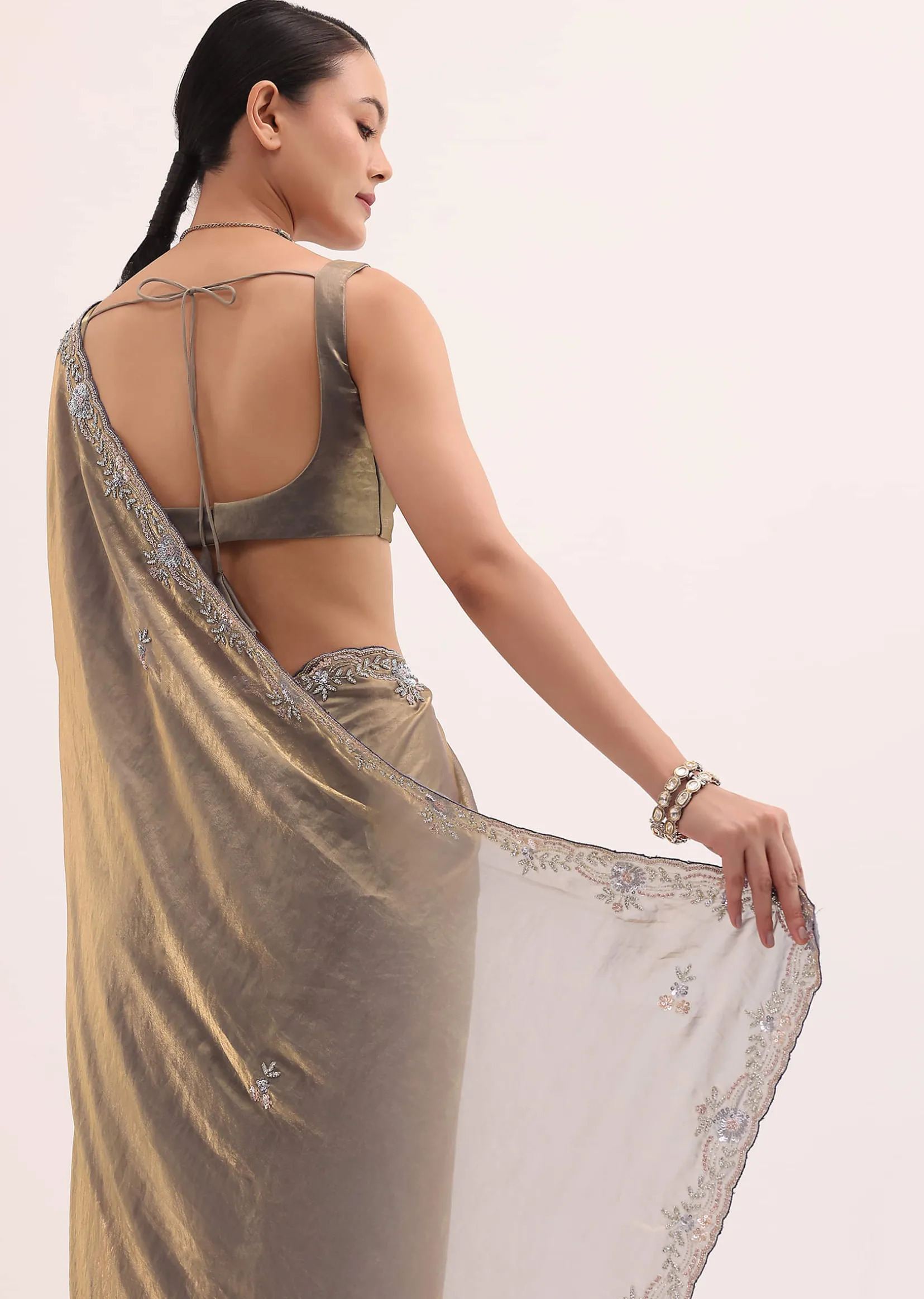 Grey Gold Satin Saree In Sequins With Unstitched Blouse