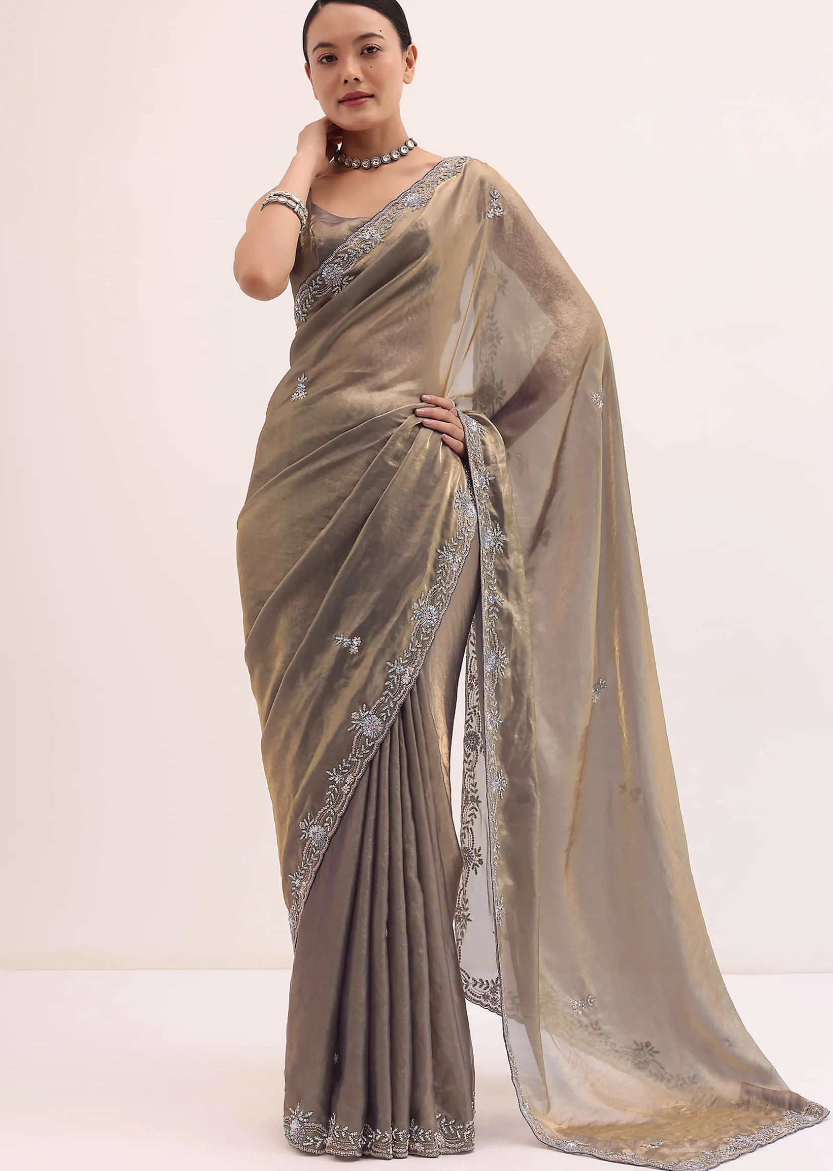 Grey Gold Satin Saree In Sequins With Unstitched Blouse