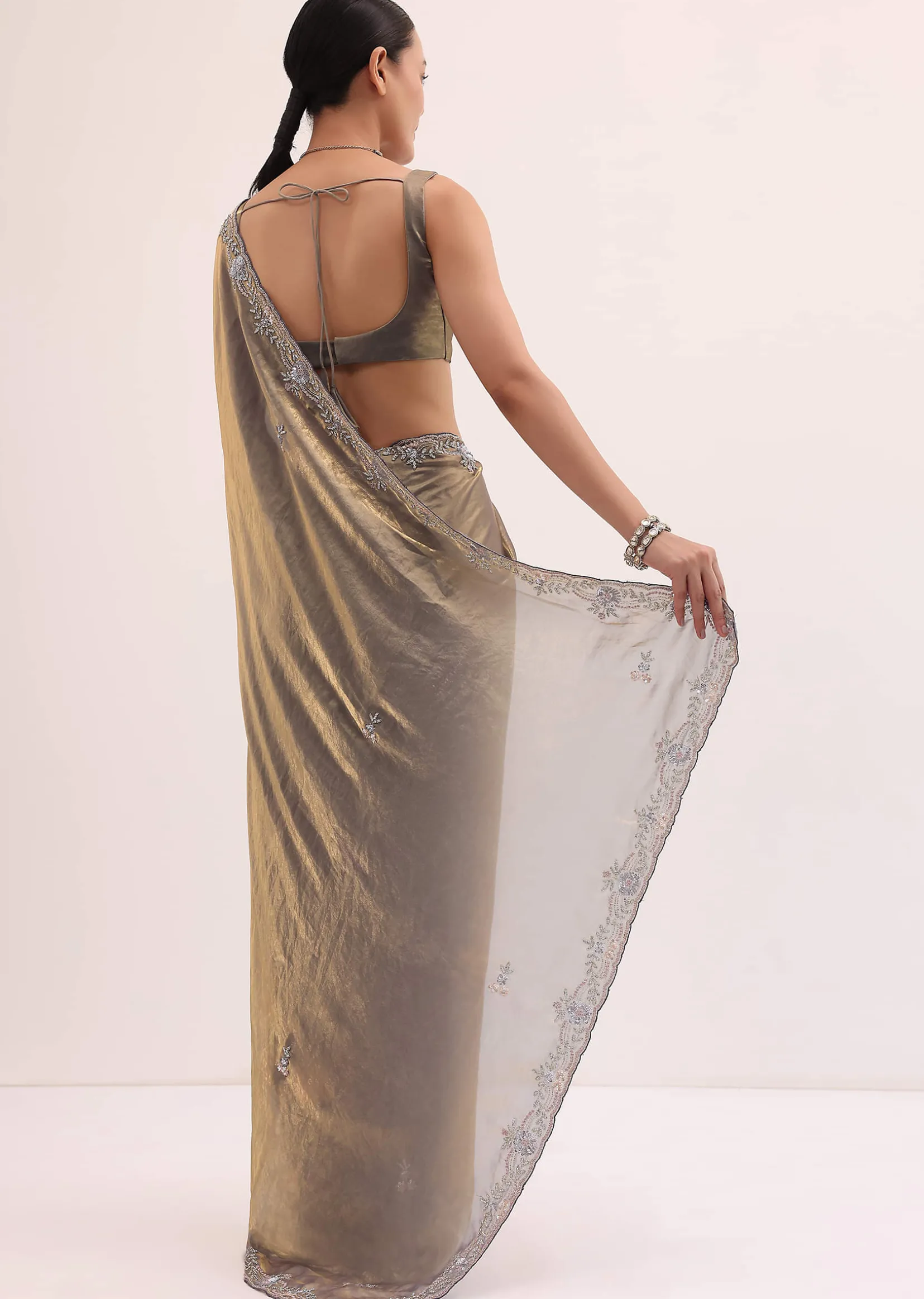 Grey Gold Satin Saree In Sequins With Unstitched Blouse