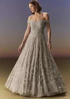 Grey Gown Off Shoulder With Silver Embroidery