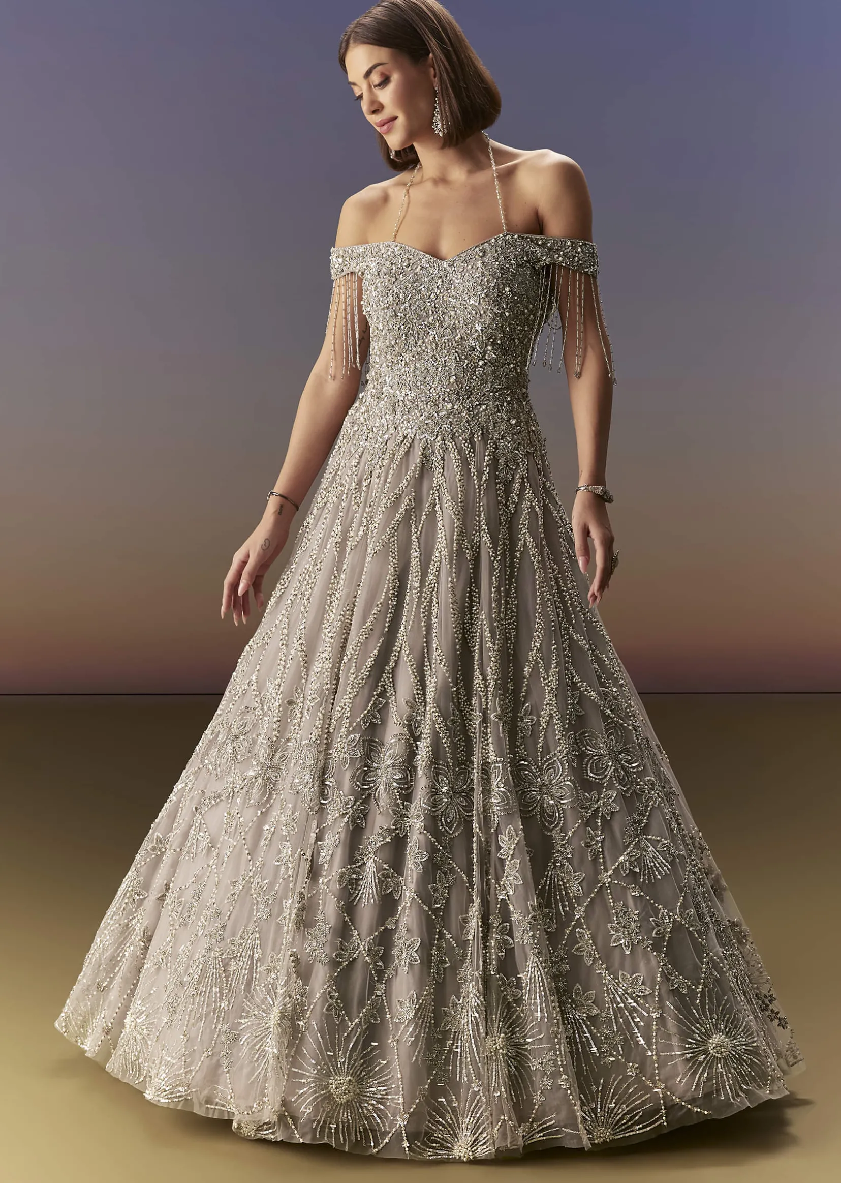 Grey Gown Off Shoulder With Silver Embroidery