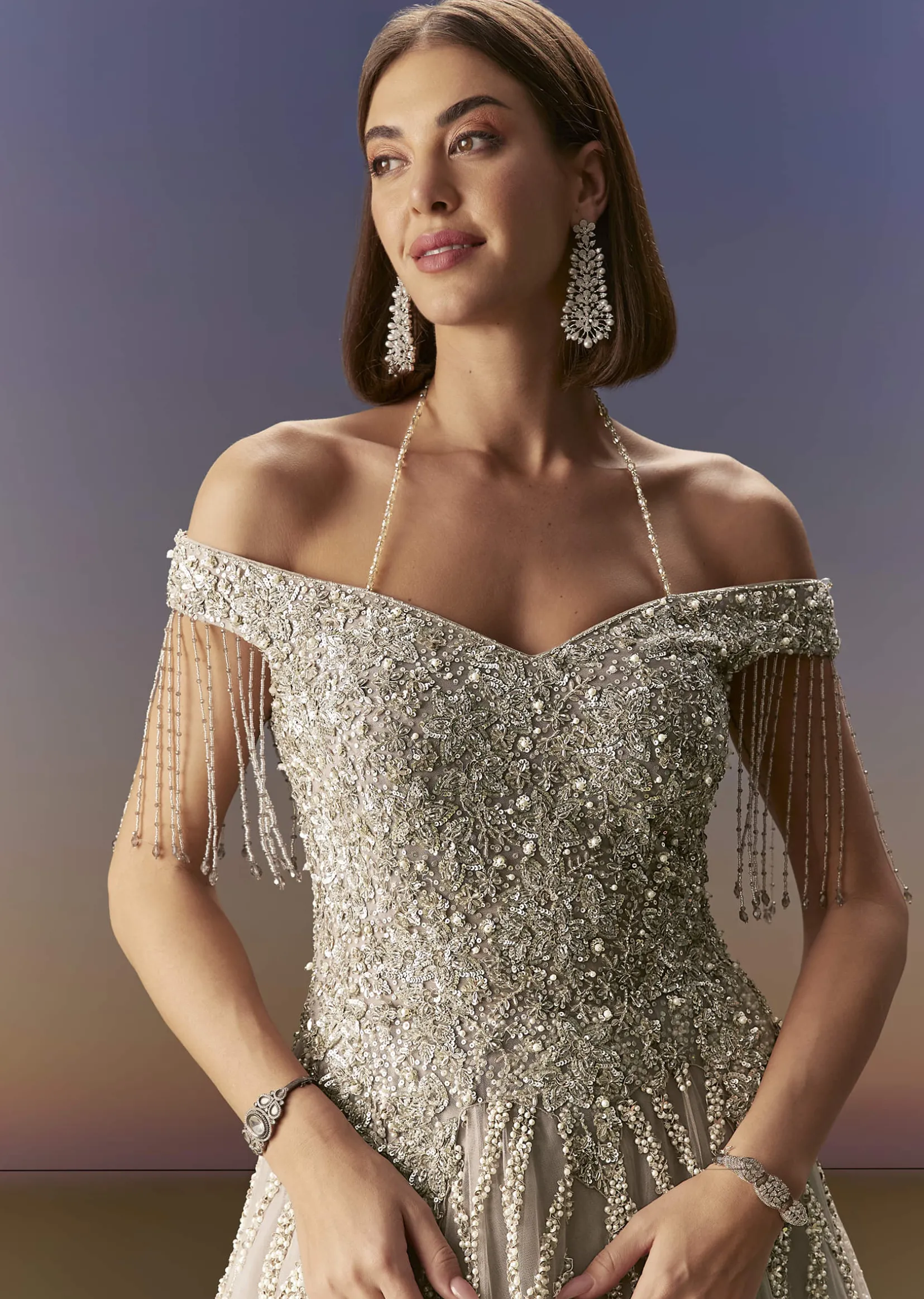 Grey Gown Off Shoulder With Silver Embroidery