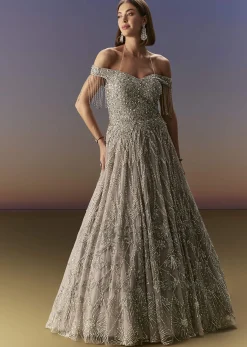 Grey Gown Off Shoulder With Silver Embroidery