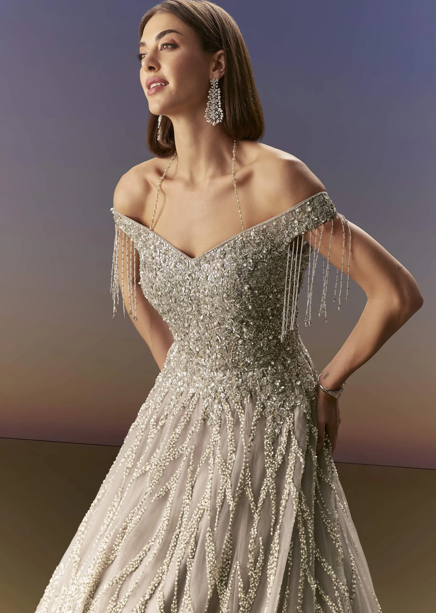 Grey Gown Off Shoulder With Silver Embroidery