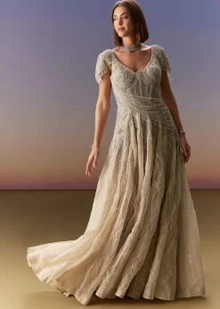 Grey Gown With Draped Cap Sleeves And Flowing Embroidered Flare
