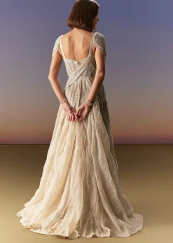Grey Gown With Draped Cap Sleeves And Flowing Embroidered Flare