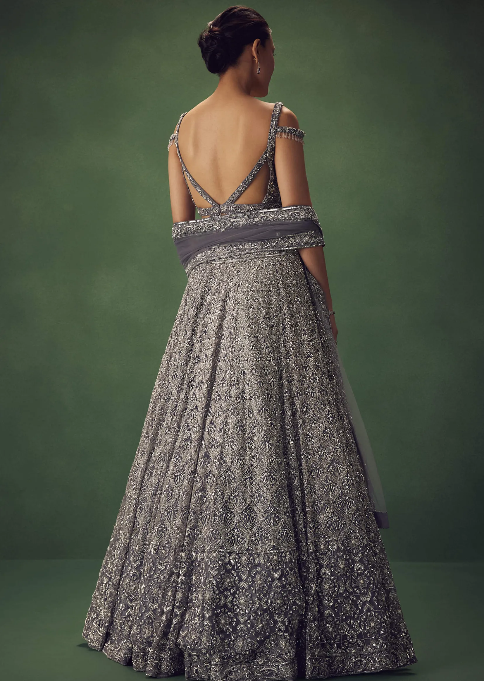 Grey Hand Embroidered Sequin Work Lehenga Set