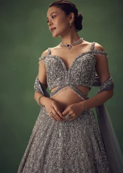 Grey Hand Embroidered Sequin Work Lehenga Set