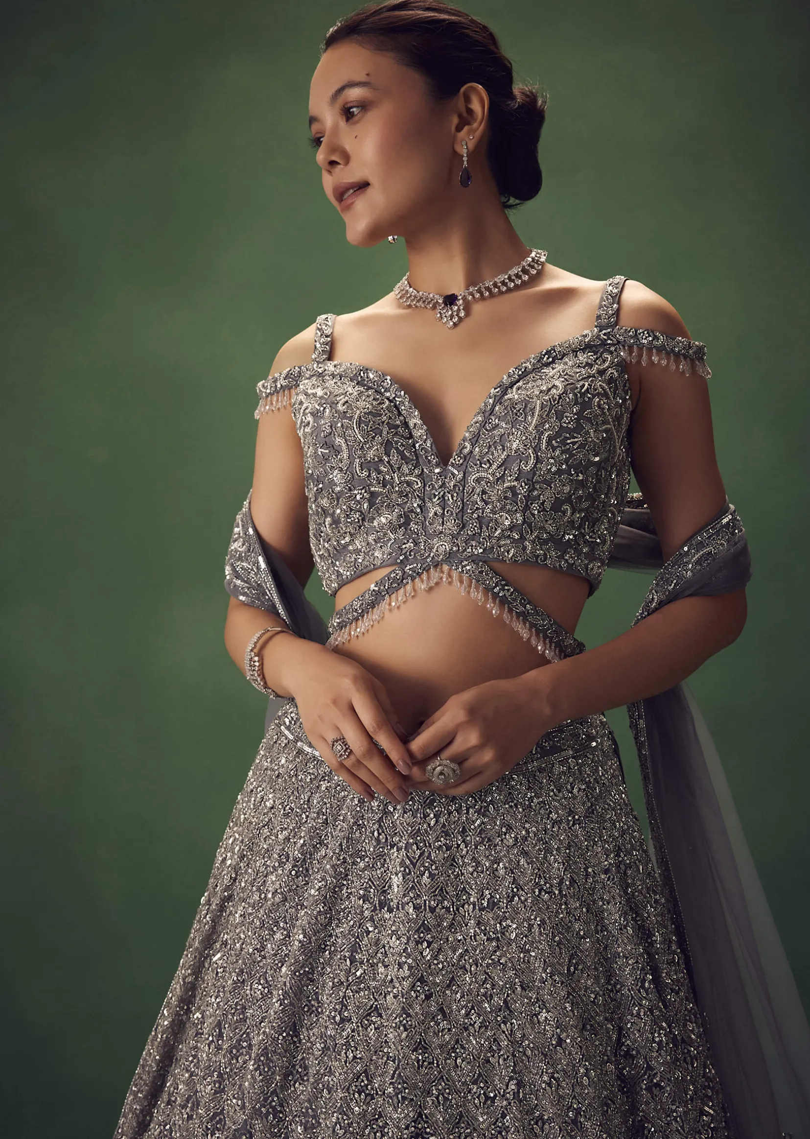 Grey Hand Embroidered Sequin Work Lehenga Set