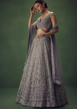 Grey Hand Embroidered Sequin Work Lehenga Set