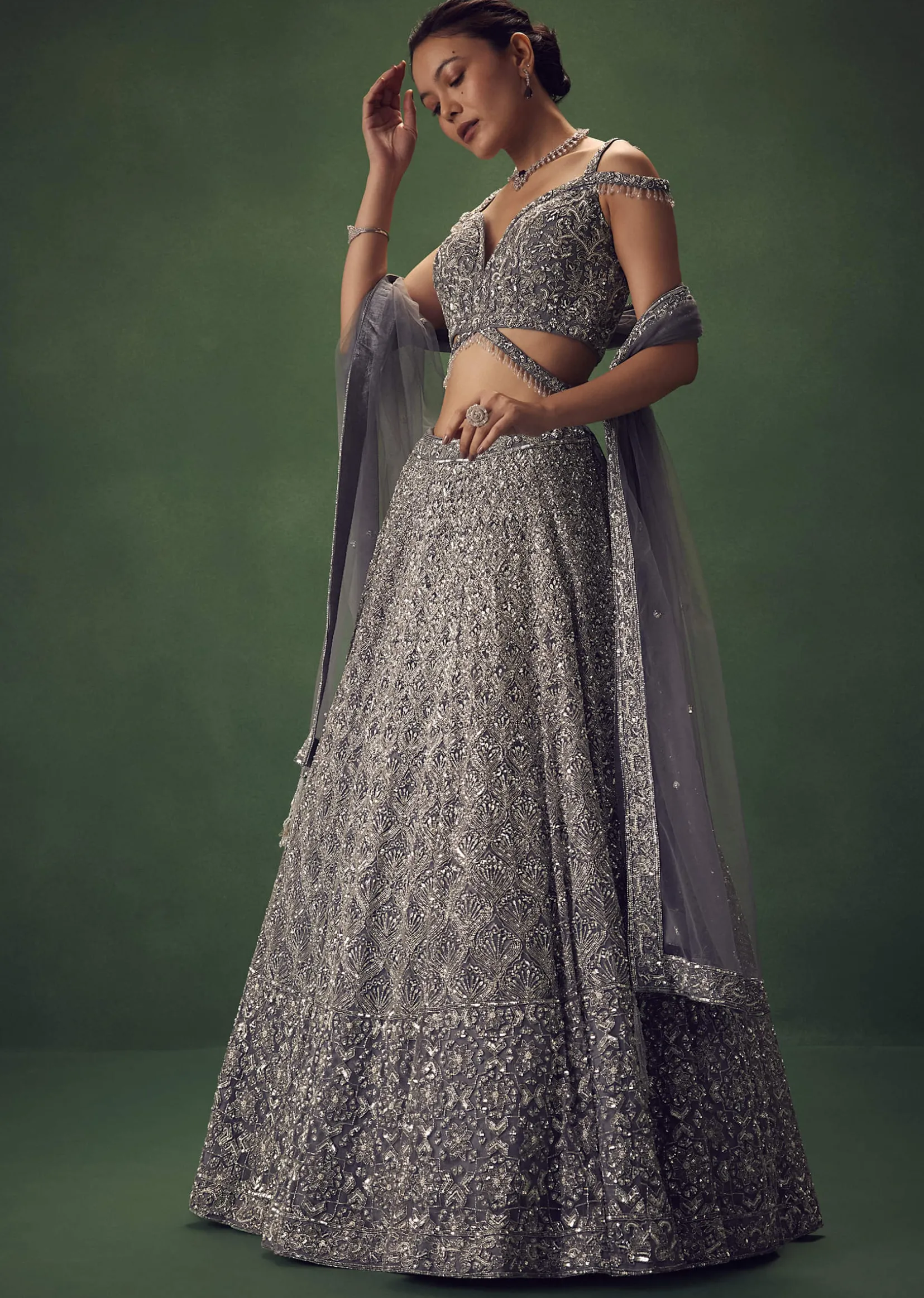 Grey Hand Embroidered Sequin Work Lehenga Set