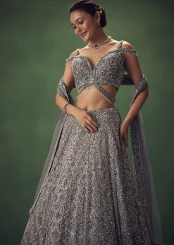 Grey Hand Embroidered Sequin Work Lehenga Set