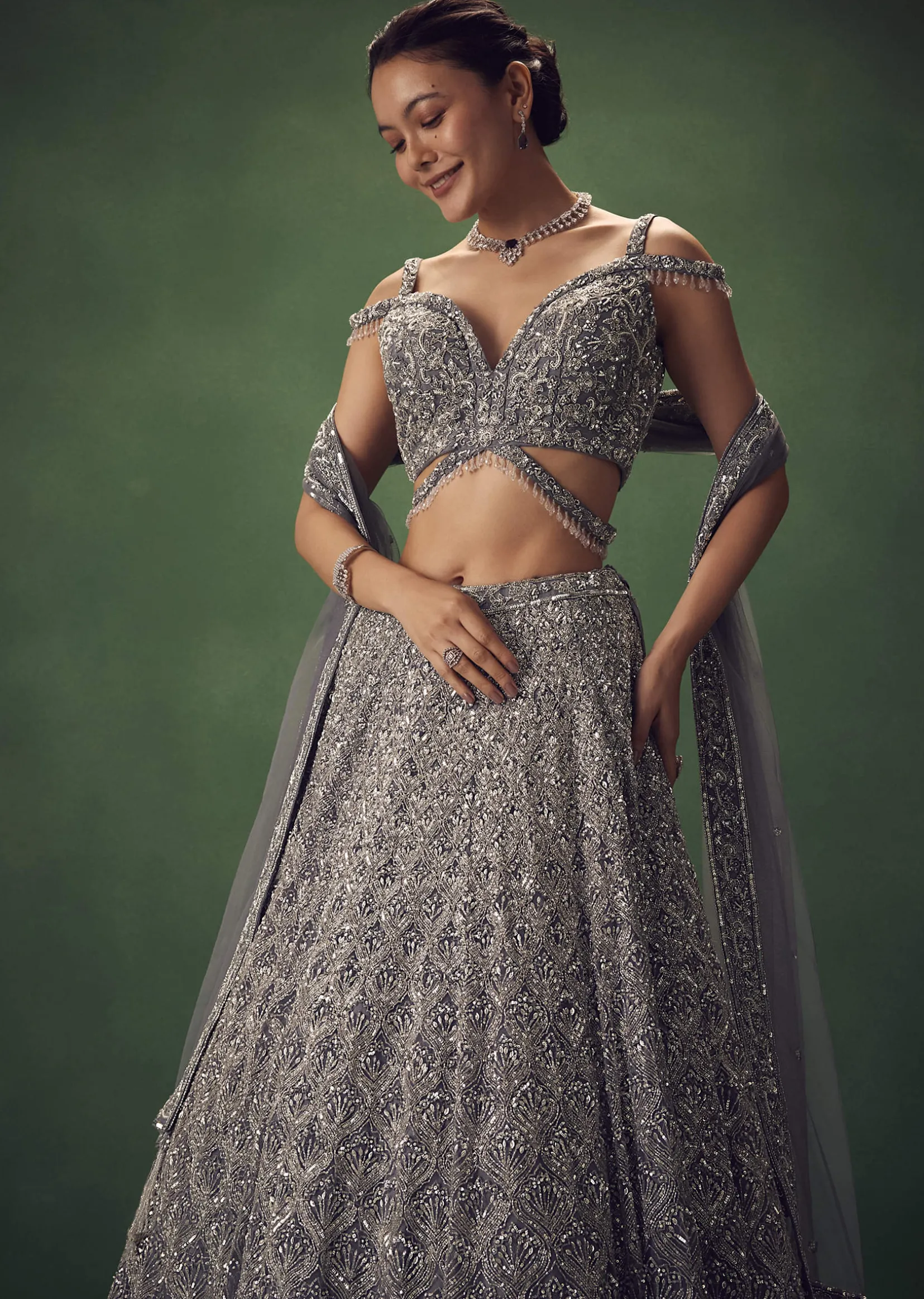 Grey Hand Embroidered Sequin Work Lehenga Set
