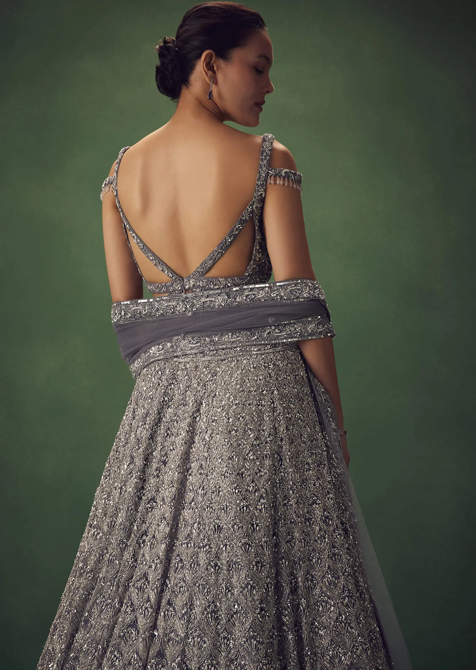 Grey Hand Embroidered Sequin Work Lehenga Set