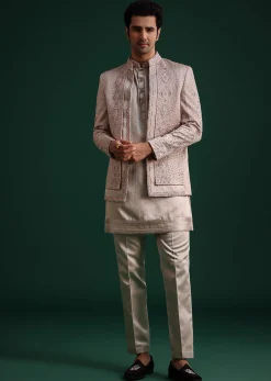 Grey Hand Work Jacket Kurta Set